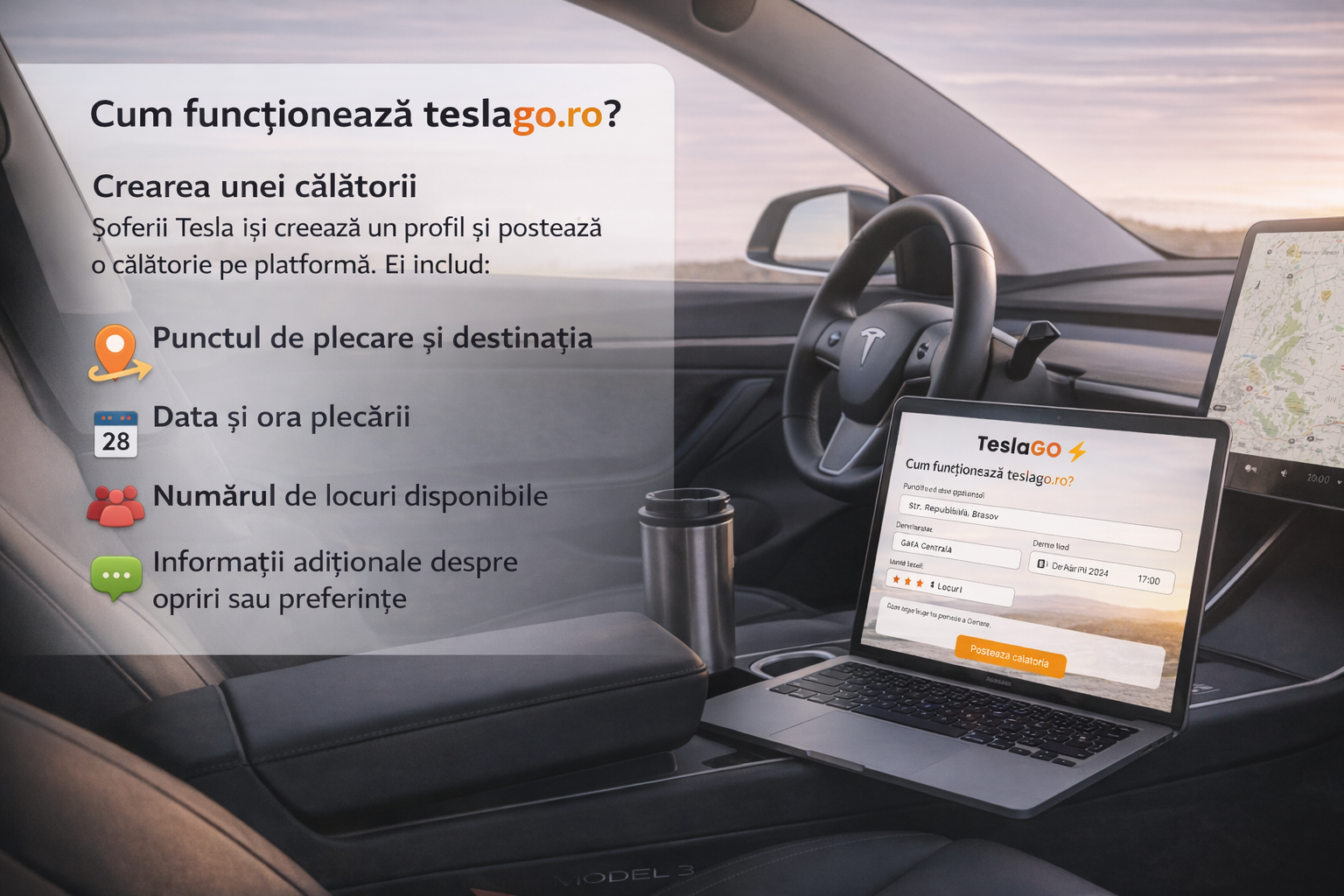 Interior Tesla Model 3 cu laptop și planificarea călătoriei
