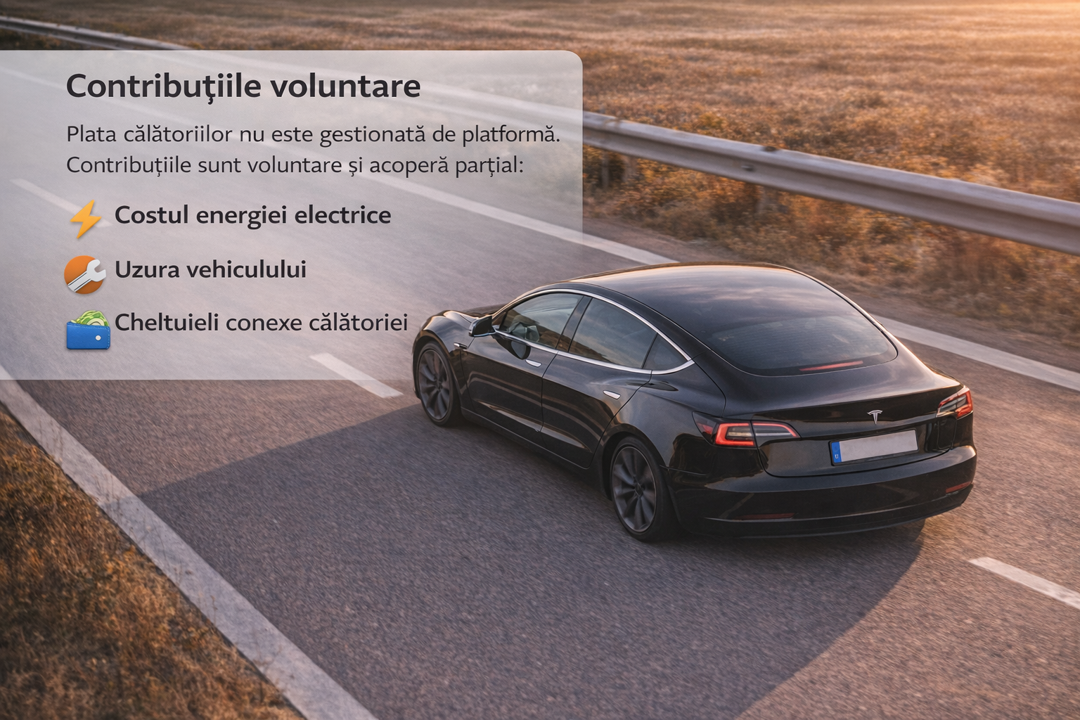 Tesla Model 3 neagră pe autostradă, contribuții voluntare
